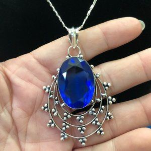 Handmade Designer Piece A Swiss Blue Topaz Real Gemstone 925 Stamped Necklace.